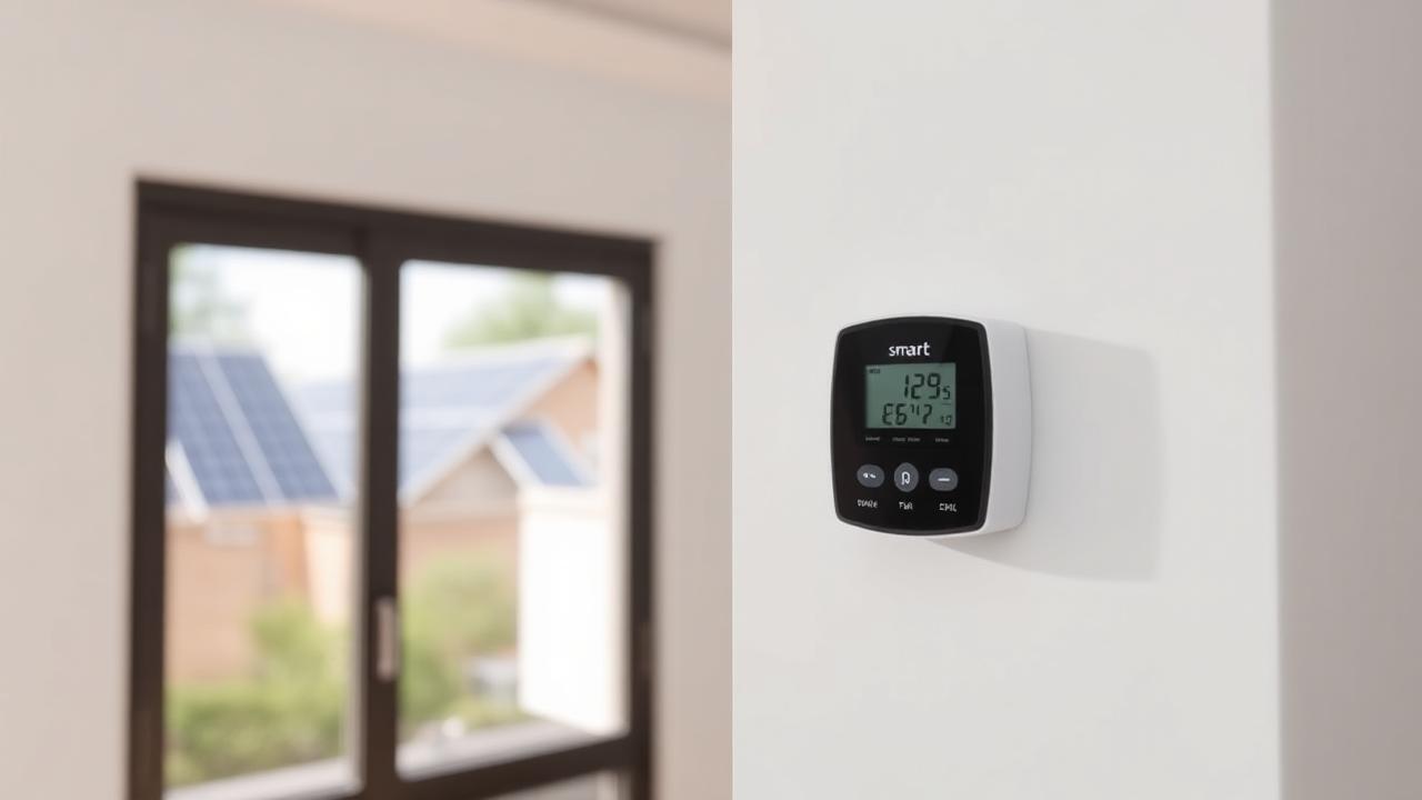 Intelligenter Stromzähler mit Photovoltaikanlage im Hintergrund